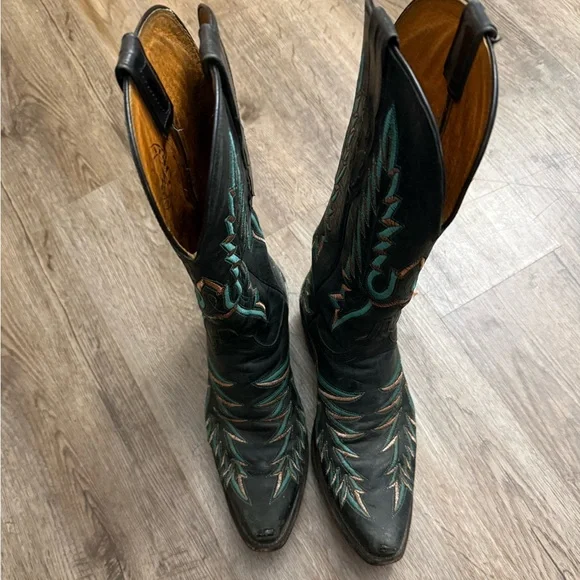 Lucchese Black and Turquoise Snip Toe Western Cowboy Boots Size 7 - Picture 3 of 16